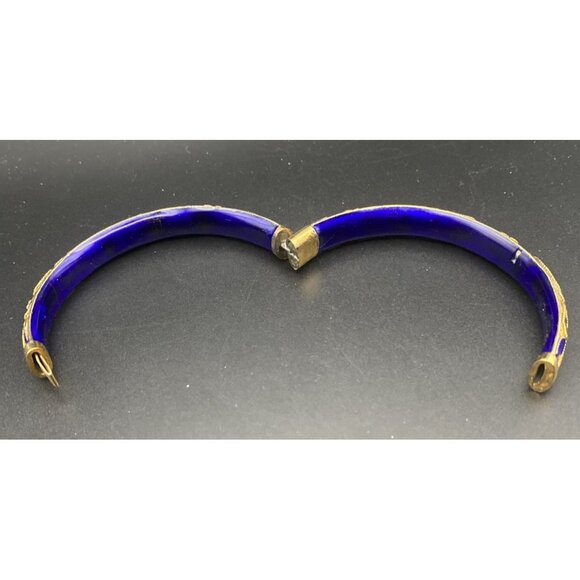 Vintage Cloisonné Bangle Bracelet Blue Gold Floral Motif Enamel Hinged 7"x1/3"w - Picture 10 of 15